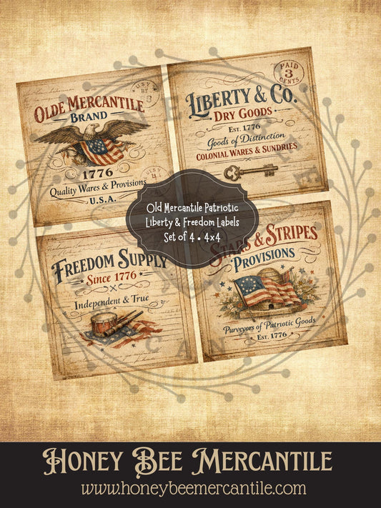 Old Mercantile Patriotic Liberty and Freedom Labels, Set of 4, Digital Download, Printable, Decoupage, Vintage, Primitive, Craft, 4x4 size