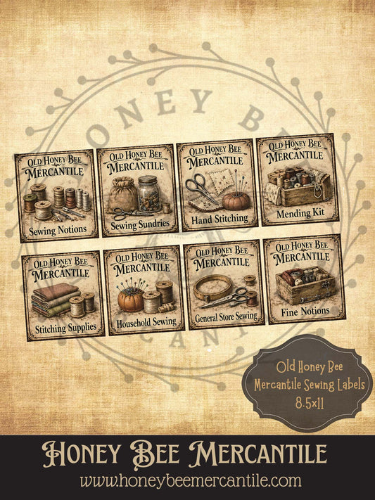 Old Mercantile Sewing Labels - Digital Download, Printable, Decoupage, Vintage, Set of 8, Primitive Labels