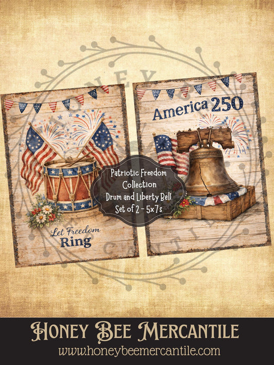 Patriotic Freedom Collection, Drum, Liberty Bell, 5x7 prints, Instant Download, Vintage, Printable, Decoupauge