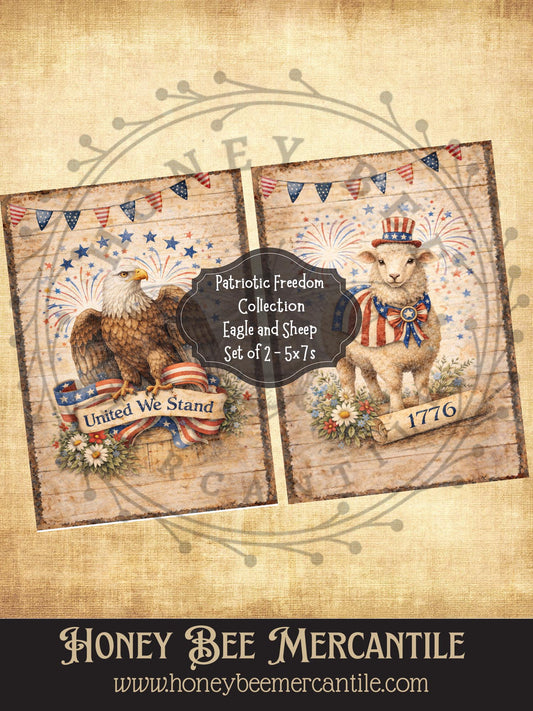 Patriotic Freedom Collection, Eagle and Sheep, 5x7 prints, Instant Download, Vintage, Printable, Decoupauge
