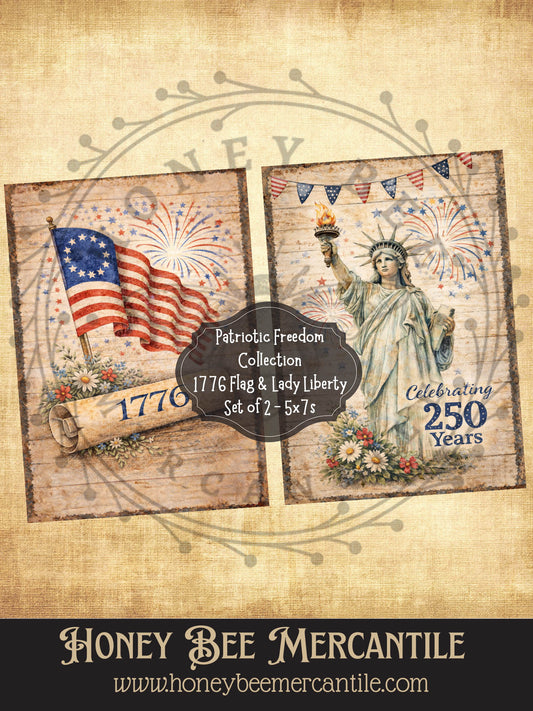 Patriotic Freedom Collection, Flag and Lady Liberty, 5x7 prints, Instant Download, Vintage, Printable, Decoupauge