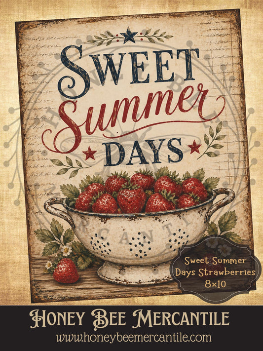 Sweet Summer Days, Strawberries, 8x10, Digital Download, Printable, Decoupage, Vintage, Primitive