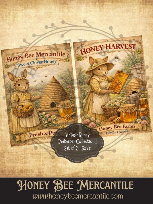 Vintage Bunny Beekeeper Collection, 5x7 prints, Instant Download, Vintage, Printable, Decoupauge, Set 1