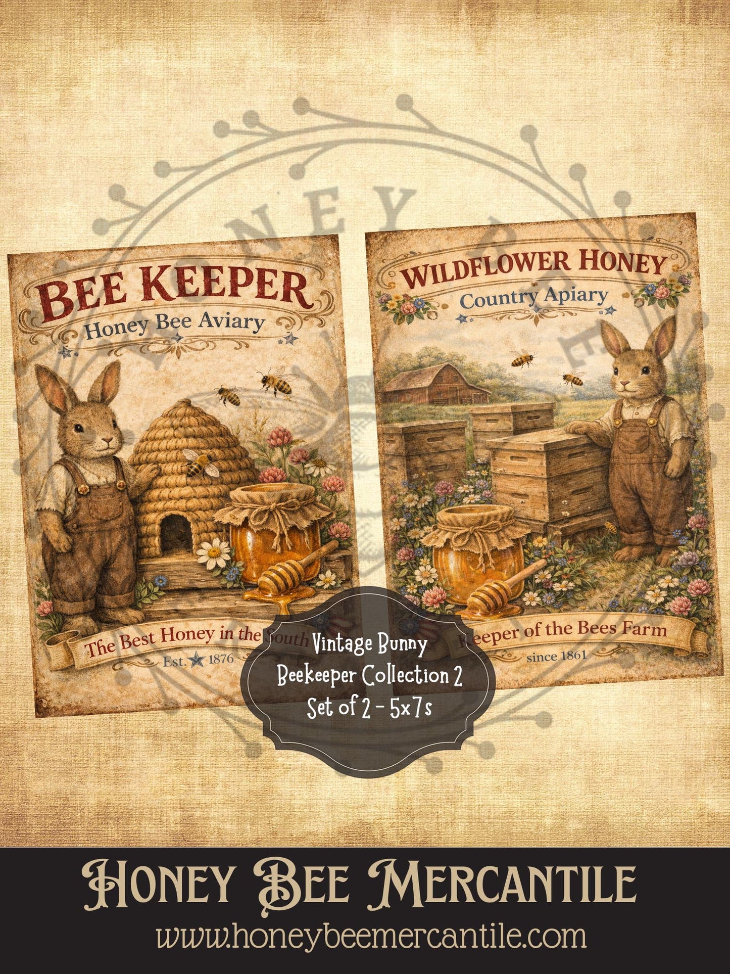 Vintage Bunny Beekeeper Collection, 5x7 prints, Instant Download, Vintage, Printable, Decoupauge, Set 2