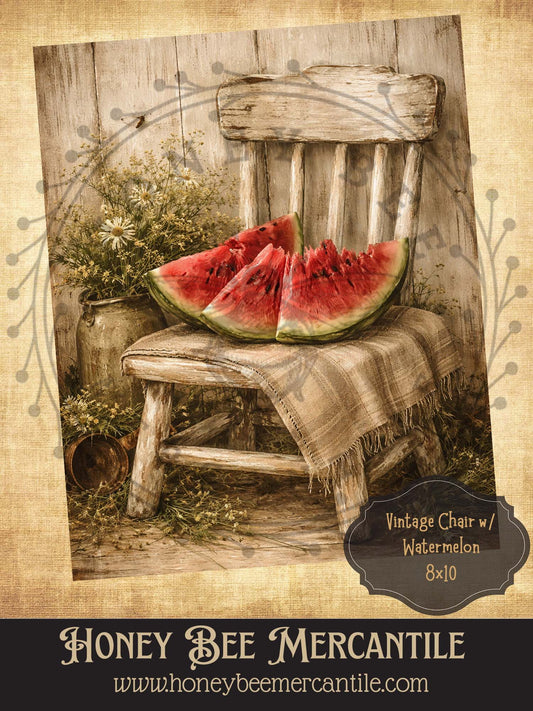 Vintage Chair with Watermelon, 8x10, Digital Download, Printable, Decoupage, Vintage, Primitive