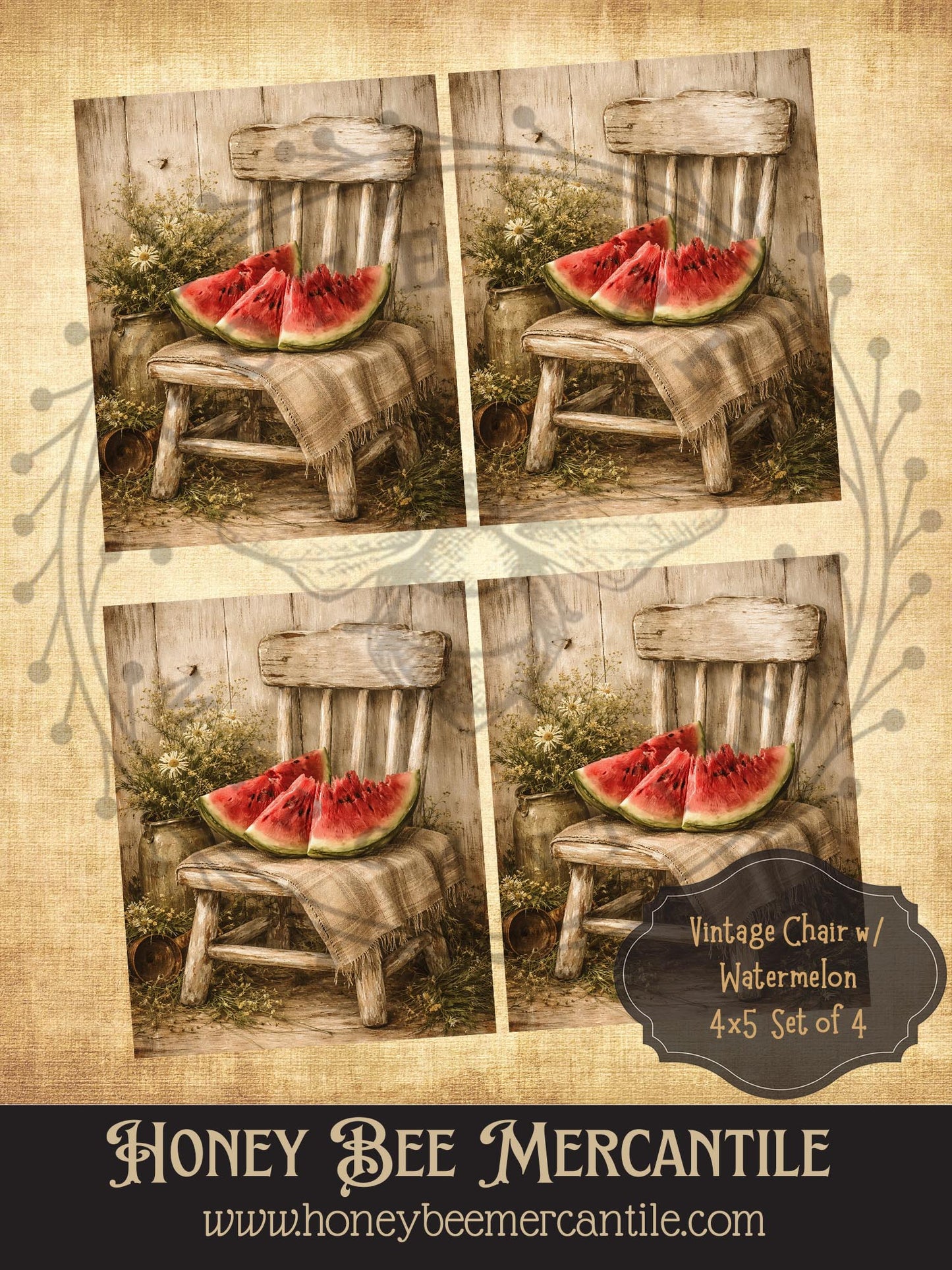 Vintage Chair with Watermelon, Set of 4, Digital Download, Printable, Decoupage, Vintage, Primitive, Craft Supplies, 4x5 inch
