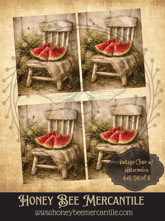 Vintage Chair with Watermelon, Set of 4, Digital Download, Printable, Decoupage, Vintage, Primitive, Craft Supplies, 4x5 inch
