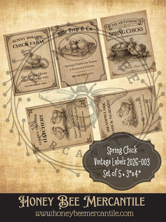Spring Chick Vintage Labels, Easter,  Instant Digital Download, Printable, Decopauge, Set of 5, 3"x4"