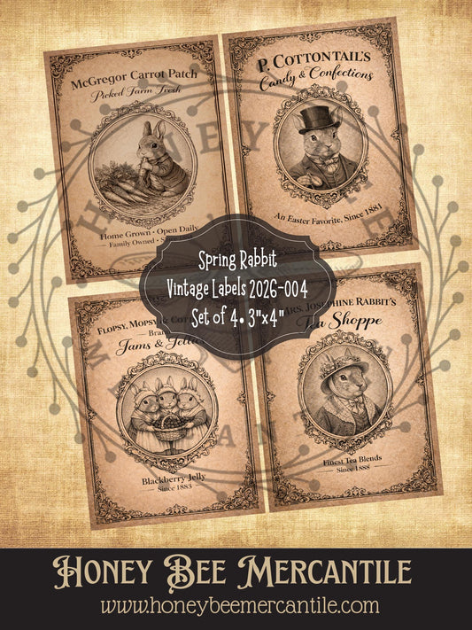 Spring Rabbit Vintage Labels, Easter,  Instant Digital Download, Printable, Decopauge, Set of 4, 3"x4"