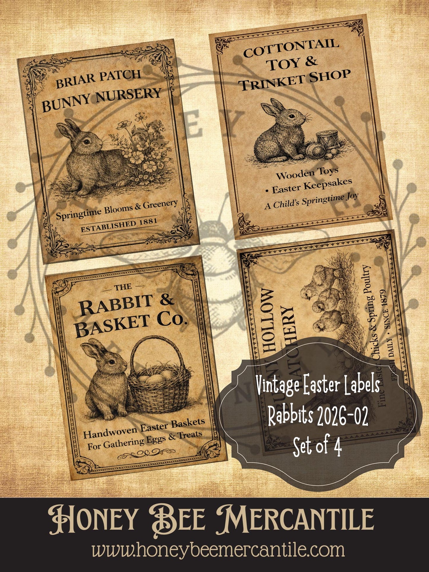 Vintage Easter Labels Rabbits - Set of 4 - 3x4 inch size, Rustic Spring Designs, Instant Download, Set 2