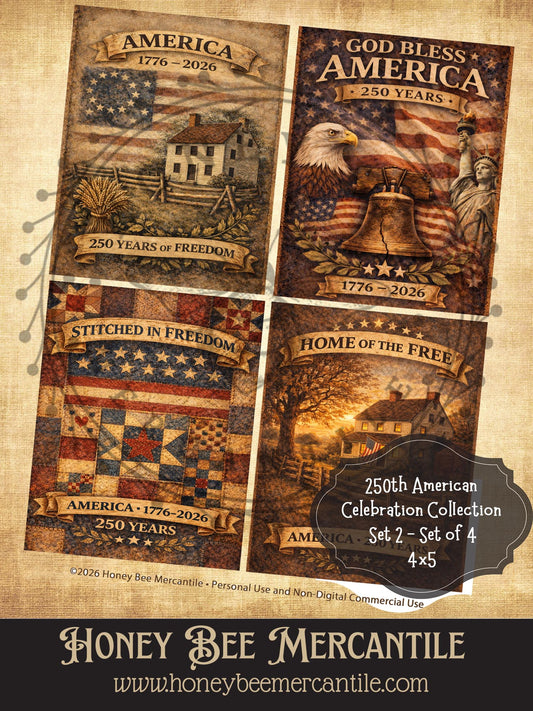 250th American Celebration - Rustic Designs, Set of 4, Digital Download, Printable, Decoupage, Vintage, Primitive, 4x5 inch, Set 2