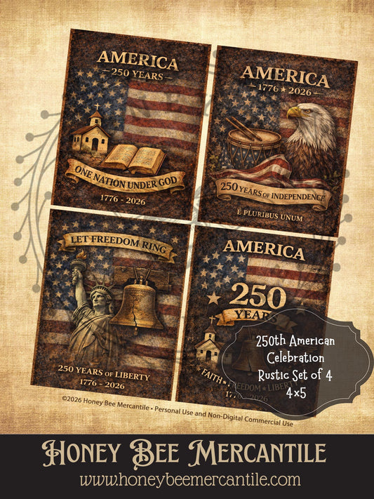 250th American Celebration - Rustic Designs, Set of 4, Digital Download, Printable, Decoupage, Vintage, Primitive, Craft Supplies