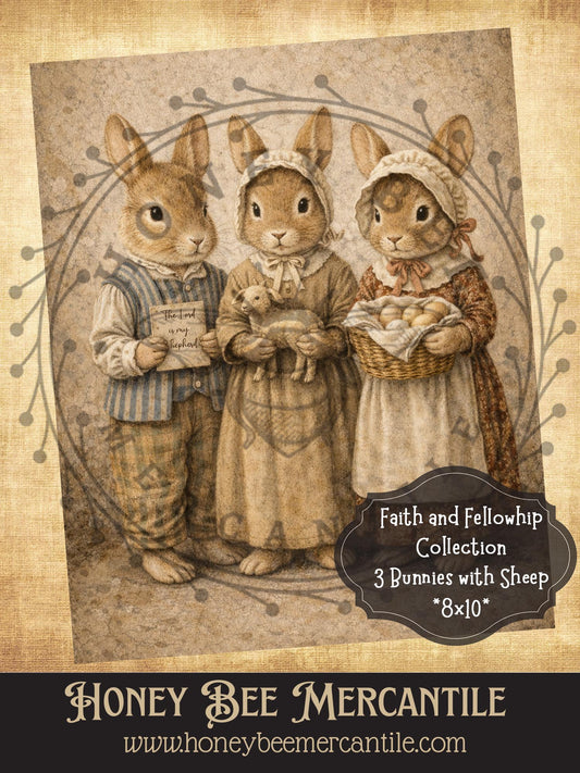 Faith and Fellowship Collection - 3 Bunnies with Sheep, 8x10, Digital Download, Printable, Decoupage, Vintage, Primitive, Craft Supplies