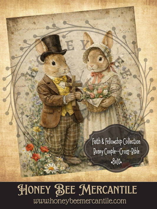 Faith and Fellowship Collection - Bunny Couple, Cross, 8x10, Digital Download, Printable, Decoupage, Vintage, Primitive, Craft Supplies