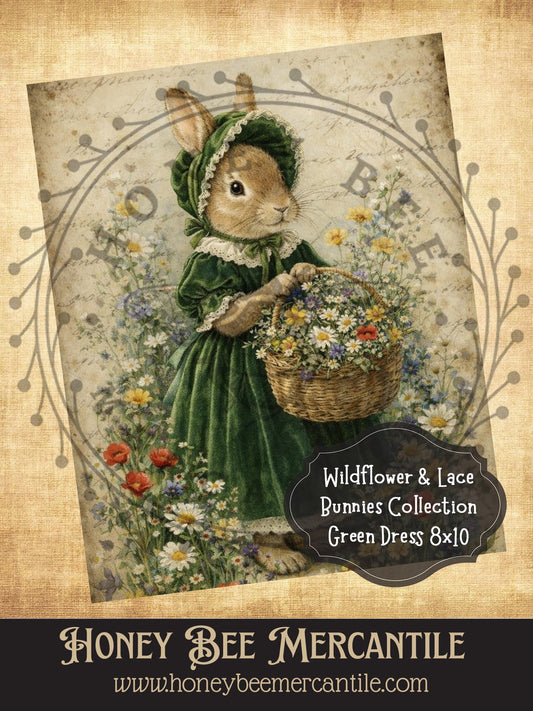 Wildflowers & Lace Bunnies Collection - Green Dress, 8x10, Digital Download, Printable, Decoupage, Vintage, Primitive, Craft Supplies