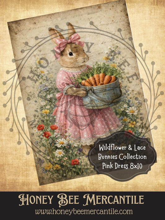 Wildflowers & Lace Bunnies Collection - Pink Dress, 8x10, Digital Download, Printable, Decoupage, Vintage, Primitive, Craft Supplies