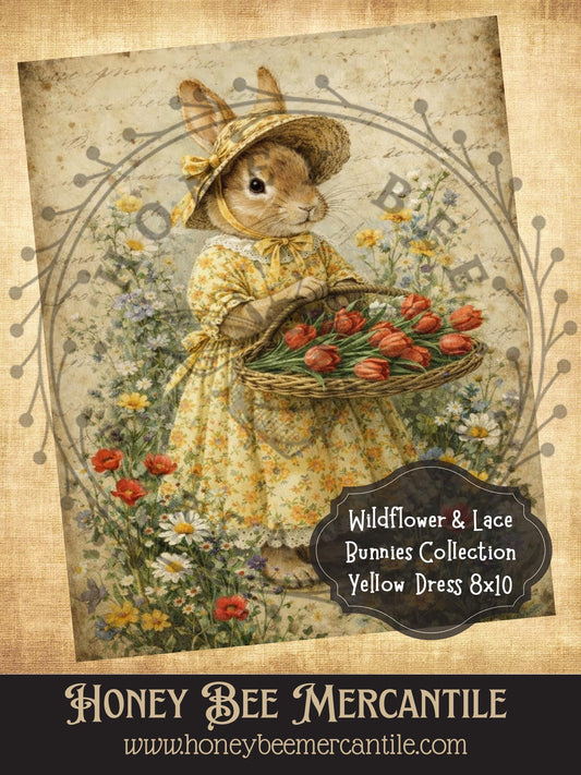 Wildflowers & Lace Bunnies Collection - Yellow Dress, 8x10, Digital Download, Printable, Decoupage, Vintage, Primitive, Craft Supplies