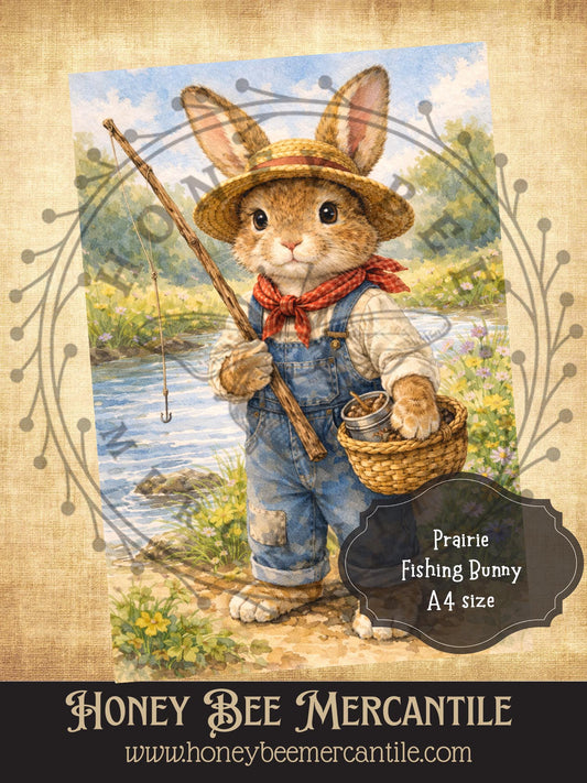 Prairie Fishing Bunny, Easter, Spring, Instant Digital Download, Printable, Vintage, A4 size