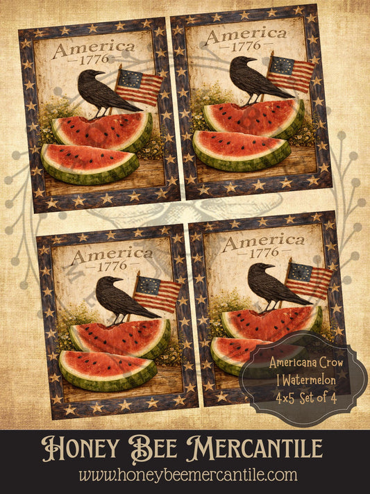 Americana Crow with Watermelon, Set of 4, Digital Download, Printable, Decoupage, Vintage, Primitive, Craft Supplies, 4x5 inch