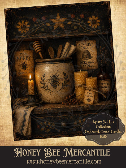 Apiary Still Life Collection, Cupboard, Crock, Candles, 8x10, Digital Download, Printable, Decoupage, Vintage, Primitive, Craft Supplies