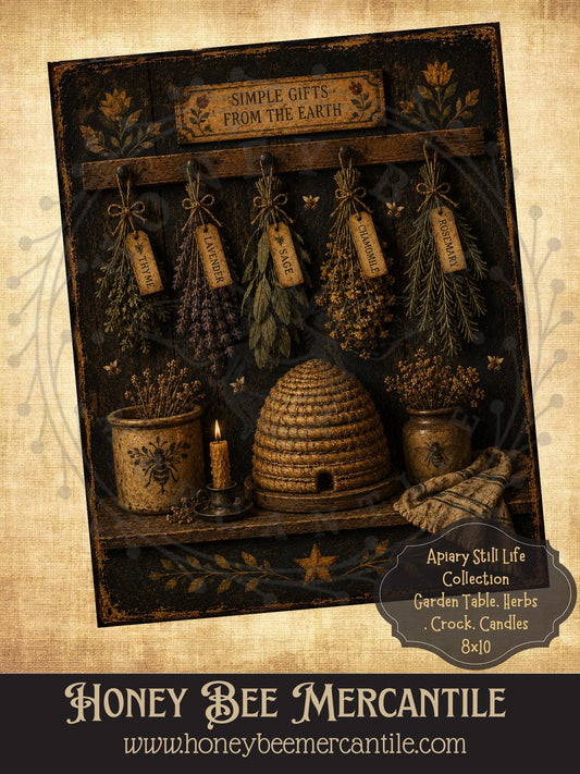 Apiary Still Life Collection, Herbs Skep Garden Table, 8x10, Digital Download, Printable, Decoupage, Vintage, Primitive, Craft Supplies