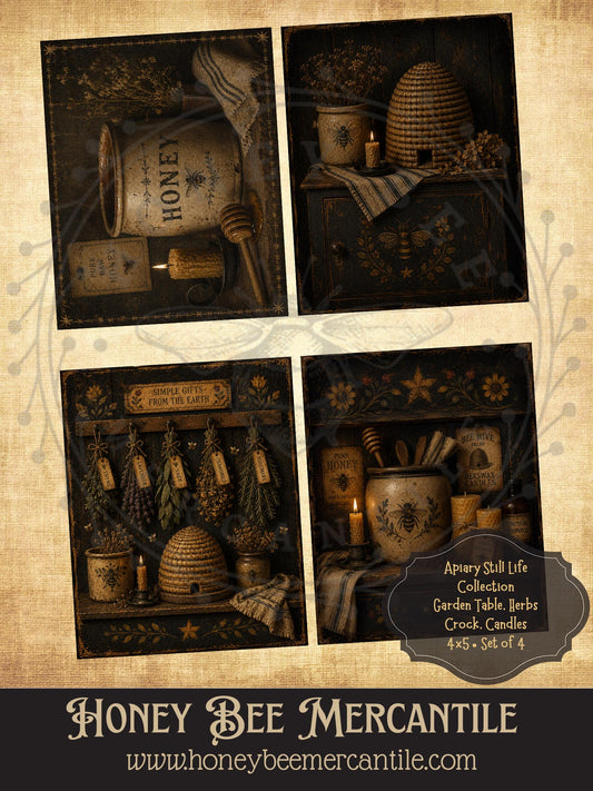Apiary Still Life Collection, Set of 4, 4x5 inch, Digital Download, Printable, Decoupage, Vintage, Primitive, Craft Supplies