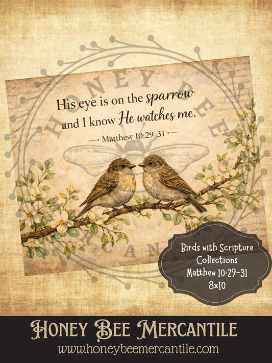 Birds and Scripture, Matthew 10, 8x10, Digital Download, Printable, Decoupage, Vintage, Primitive, Craft Supplies