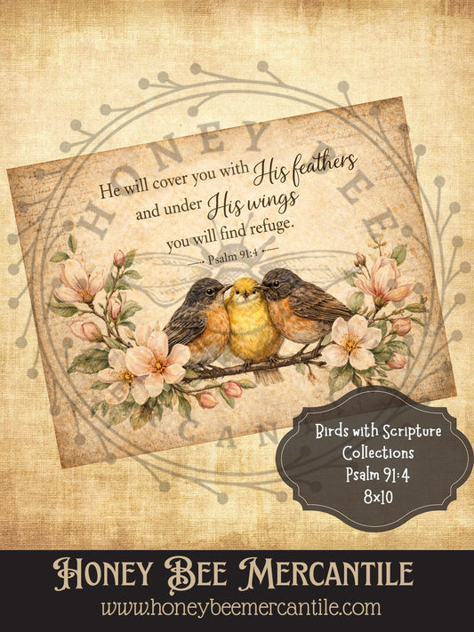 Birds and Scripture, Psalm 91:4, 8x10, Digital Download, Printable, Decoupage, Vintage, Primitive, Craft Supplies