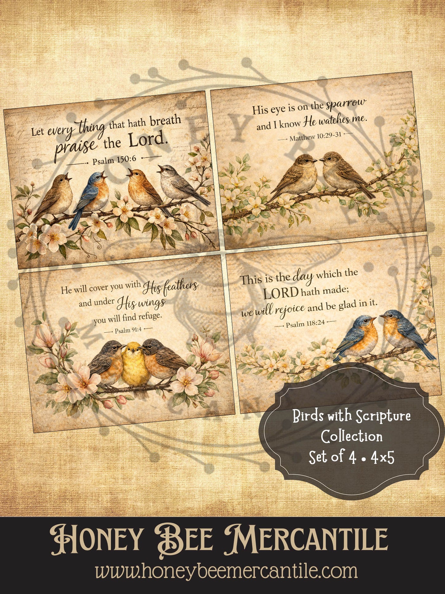 Birds and Scripture, Set of 4, Digital Download, Printable, Decoupage, Vintage, Primitive, Craft Supplies, 4x5 inch