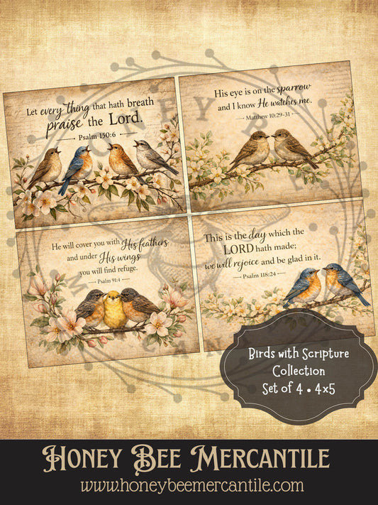 Birds and Scripture, Set of 4, Digital Download, Printable, Decoupage, Vintage, Primitive, Craft Supplies, 4x5 inch