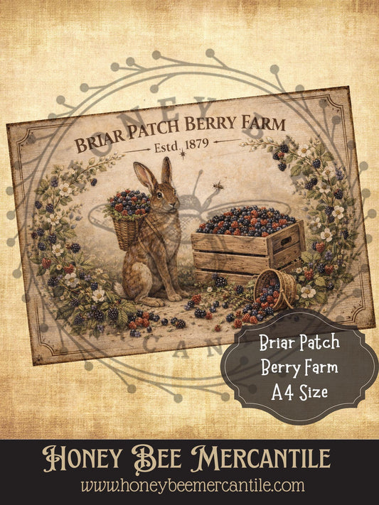 Briar Patch Berry Farm Print, Bunny with Berries, Instant Download, Florals, Vintage, Printable, Decoupauge, A-4 size