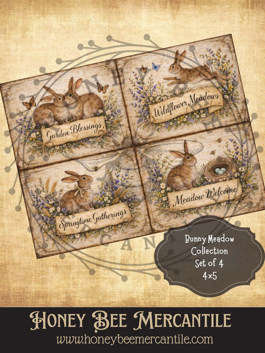 Bunny Meadow Series, Set of 4 prints - 4x5 in size, Instant Download, Bunnies, Garden, Florals, Vintage, Printable, Decoupauge, Craft