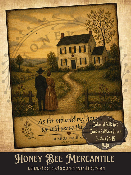 Colonial Couple Salt Box, As For Me And My House, 8x10, Digital Download, Printable, Decoupage, Vintage, Primitive