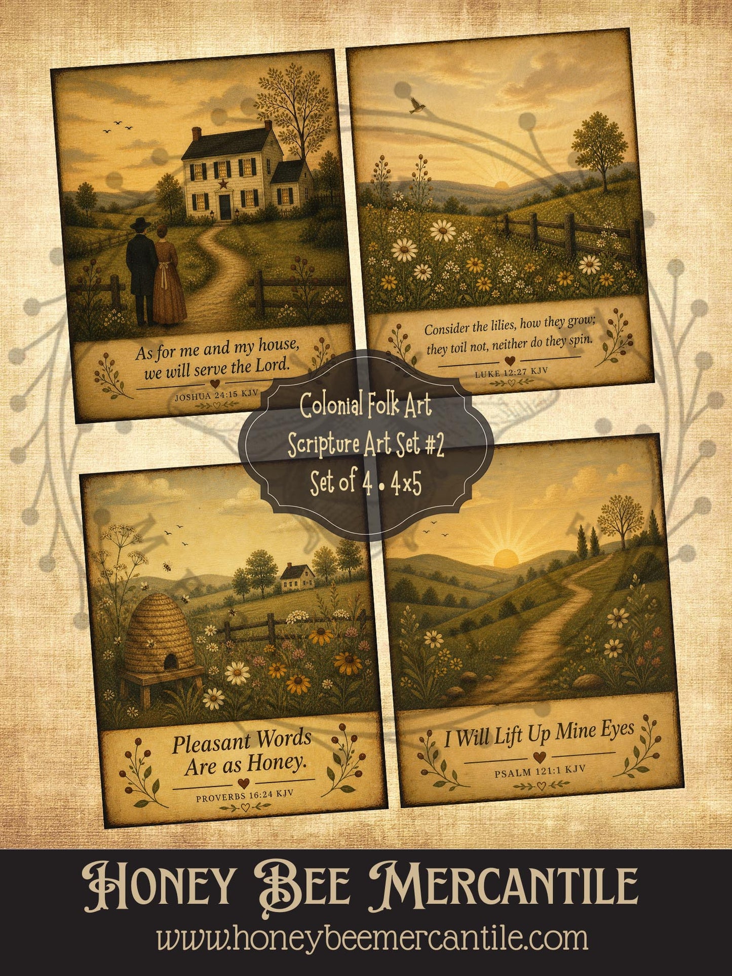 Colonial Folk Art Scripture, Set of 4, Digital Download, Printable, Decoupage, Vintage, Primitive, Craft Supplies, 4x5 inch, Set 2