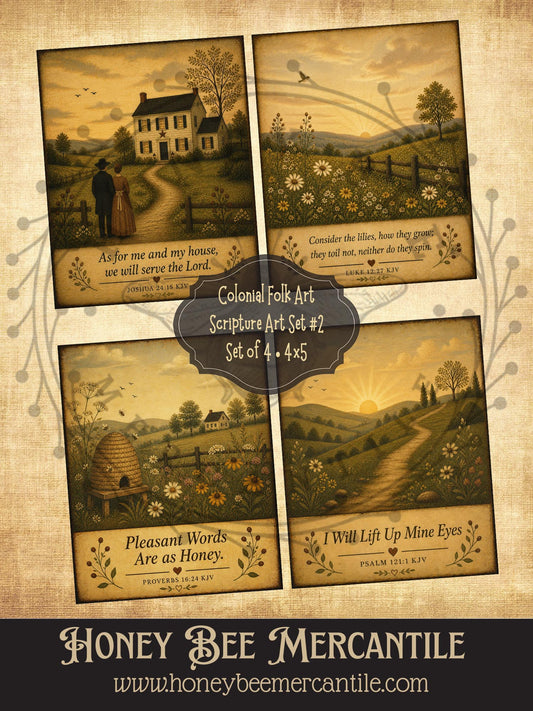 Colonial Folk Art Scripture, Set of 4, Digital Download, Printable, Decoupage, Vintage, Primitive, Craft Supplies, 4x5 inch, Set 2