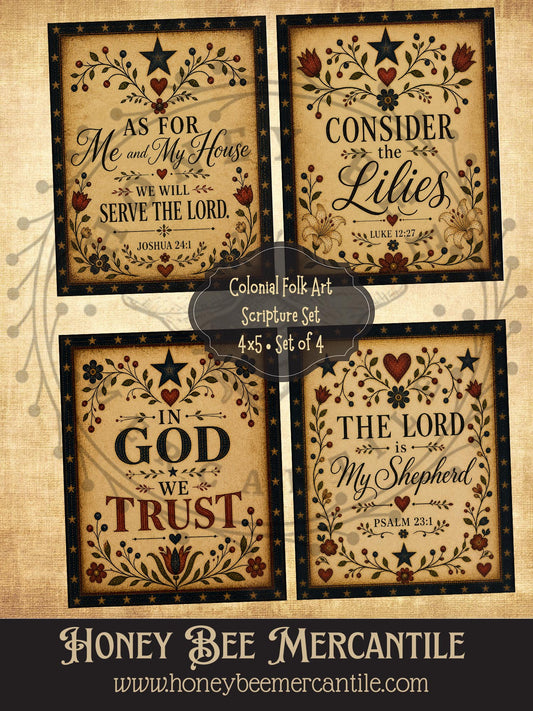 Colonial Folk Art Scripture, Set of 4, Digital Download, Printable, Decoupage, Vintage, Primitive, Craft Supplies, 4x5 inch