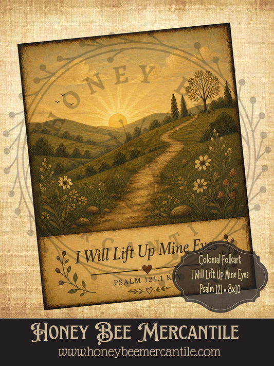 Colonial Folk Art, I Will Lift Up Mine Eyes, Psalm 121, 8x10, Digital Download, Printable, Decoupage, Vintage, Primitive