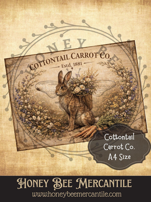 Cottontail Carrot Co Print, Bunny with Carrots, Instant Download, Florals, Vintage, Printable, Decoupauge, A-4 size
