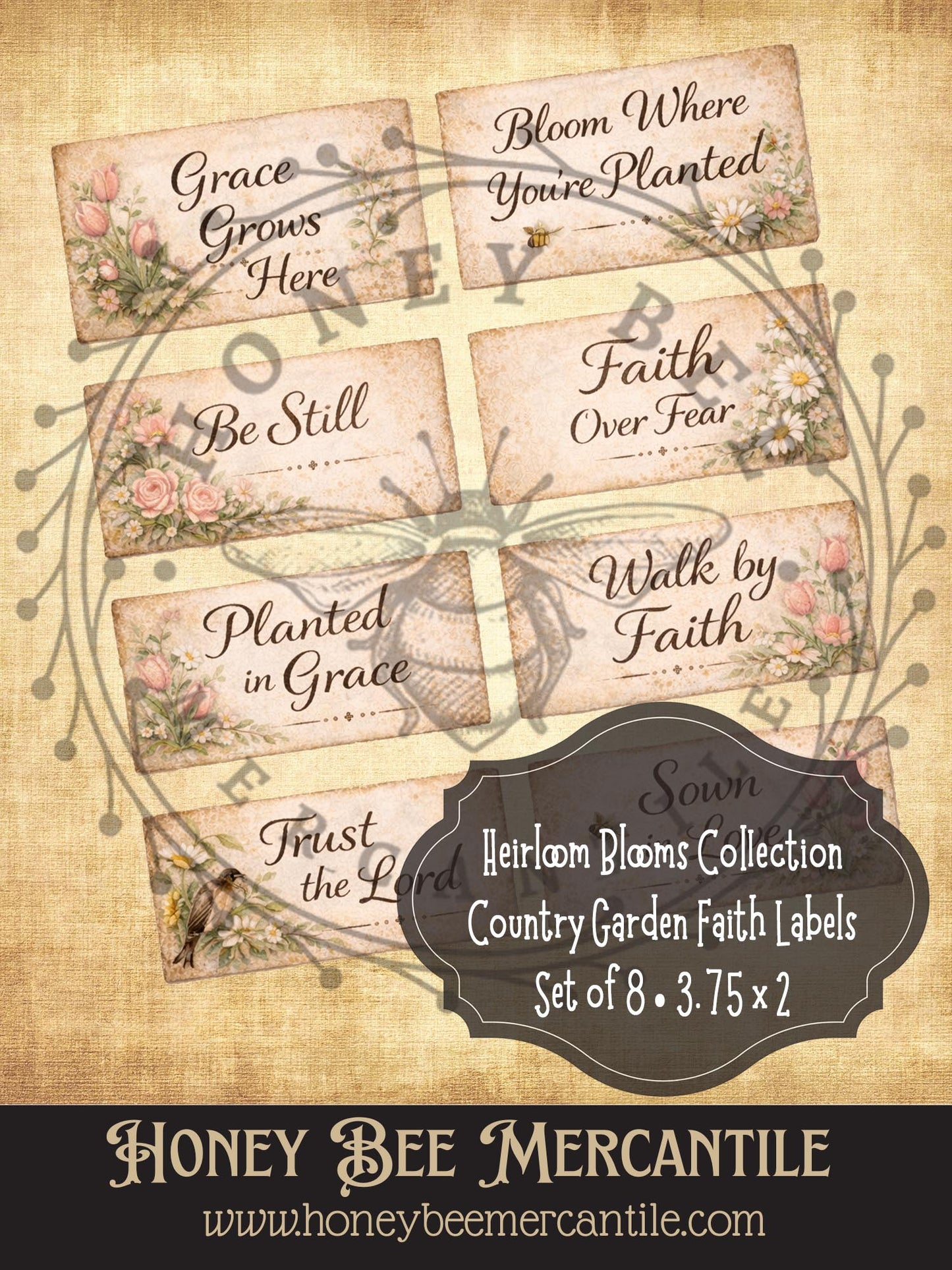 Heirloom Blooms Collection - Country Garden Labels, Set of 8, 3.75x2, Digital Download, Printable, Decoupage, Vintage, Craft Supplies