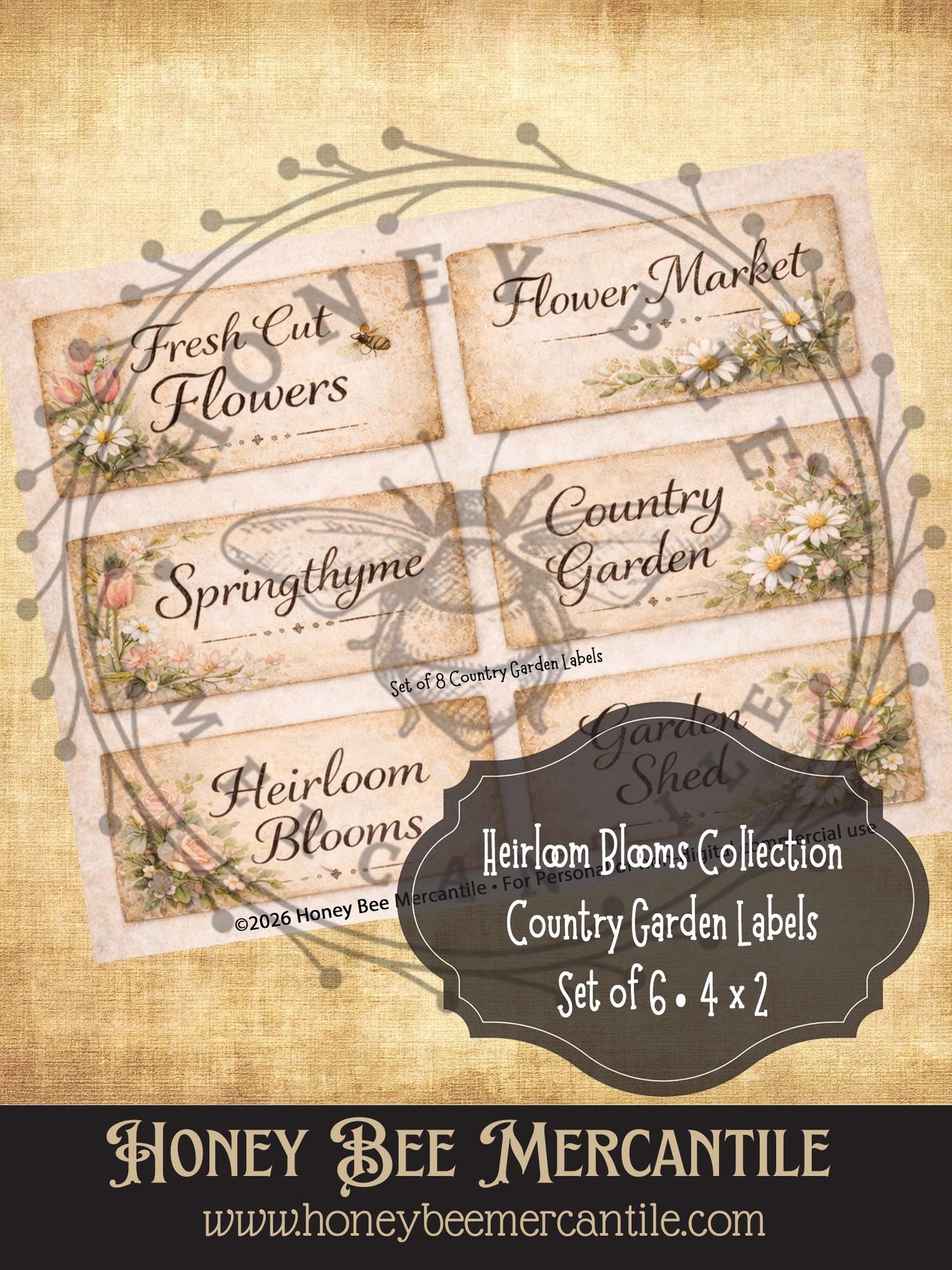 Heirloom Blooms Collection - Country Garden Labels Set of 6, 4x2, Digital Download, Printable, Decoupage, Vintage, Primitive, Craft Supplies