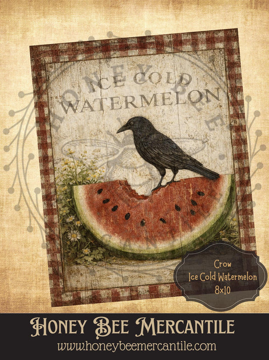 Crow with Ice Cold Watermelon, 8x10, Digital Download, Printable, Decoupage, Vintage, Primitive