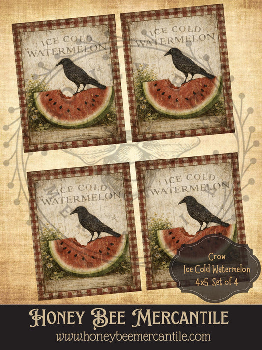 Crow with Ice Cold Watermelon, Set of 4, Digital Download, Printable, Decoupage, Vintage, Primitive, Craft Supplies, 4x5 inch