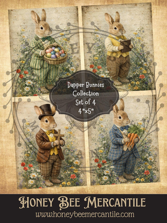 Dapper Bunnies Collection, Easter, Spring, Instant Digital Download, Printable, Vintage, Set of 4, 4x5"