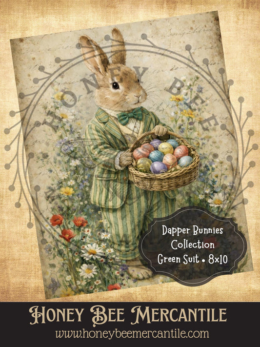 Dapper Bunnies Collection - Bunny with Green Suit, Eggs, 8x10, Digital Download, Printable, Decoupage, Vintage, Primitive, Craft Supplies