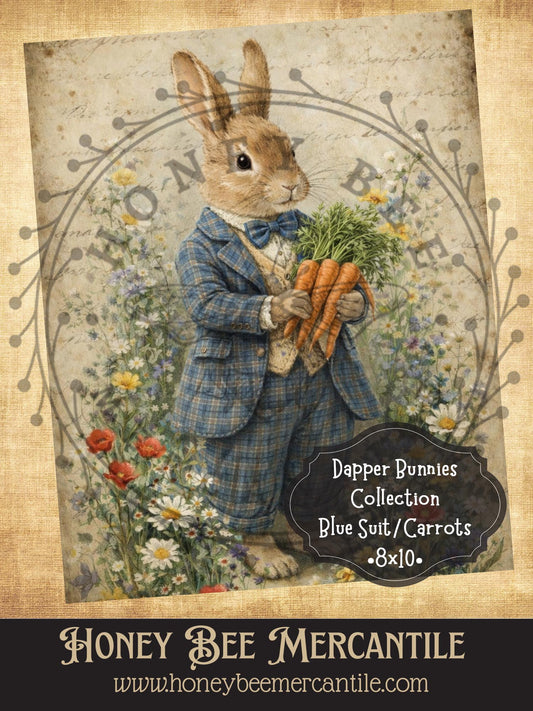 Dapper Bunnies Collection - Bunny with Blue Suit, Carrots, 8x10, Digital Download, Printable, Decoupage, Vintage, Primitive, Craft Supplies