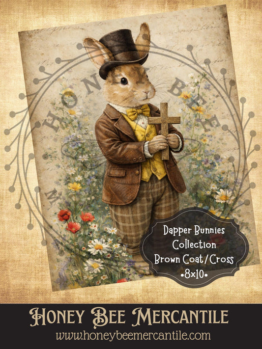 Dapper Bunnies Collection - Bunny with Brown Coat, Cross, 8x10, Digital Download, Printable, Decoupage, Vintage, Primitive, Craft Supplies