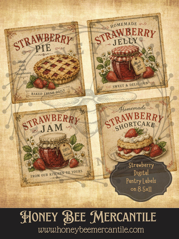 Digital Strawberry Pantry Labels - Set of 4, Vintage Primitive Farmhou ...