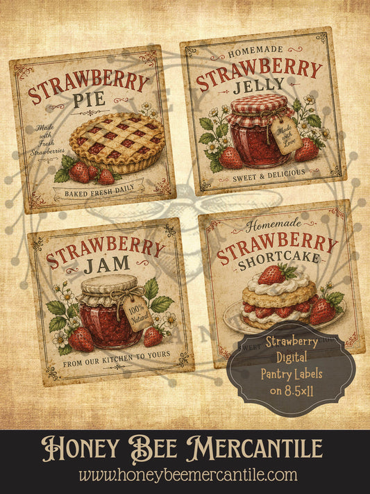 Digital Strawberry Pantry Labels - Set of 4, Vintage Primitive Farmhouse Digital Download Printable Sublimation Decoupage
