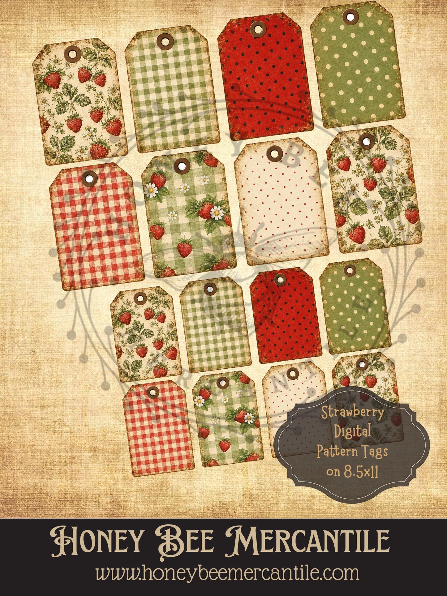 Digital Strawberry Patterns Hang Tags - Set of 16, Vintage Primitive Farmhouse Digital Download Printable Sublimation Decoupage