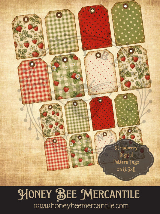 Digital Strawberry Patterns Hang Tags - Set of 16, Vintage Primitive Farmhouse Digital Download Printable Sublimation Decoupage